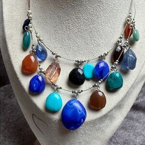 Multicolor Gemstone Drop Necklace with Blue & Turquoise Accents - Women Jewelry